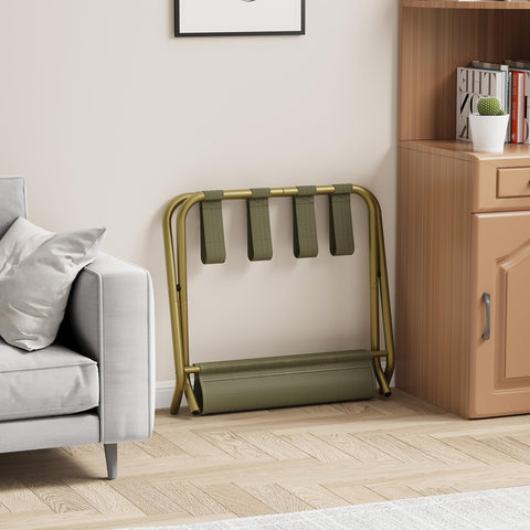 Smuxee Gold luggage rack folds in seconds for easy closet storage.