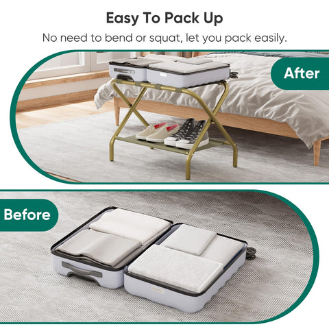 Smuxee Gold luggage rack includes a fabric shelf to organize items.
