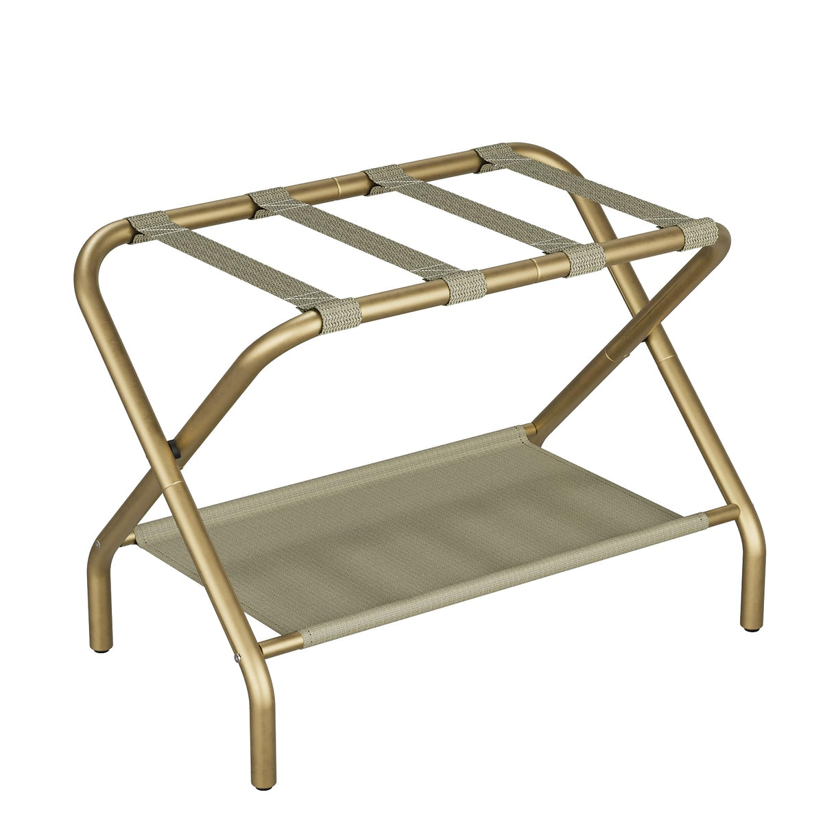 Smuxee Gold luggage rack with foldable design for compact storage in guest rooms.