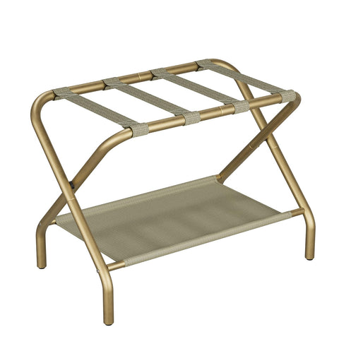 Smuxee Gold luggage rack with foldable design for compact storage in guest rooms.