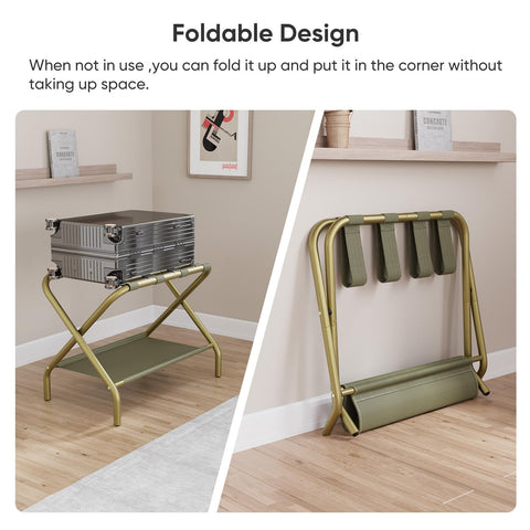 Smuxee Gold luggage rack features four nylon straps to secure luggage.