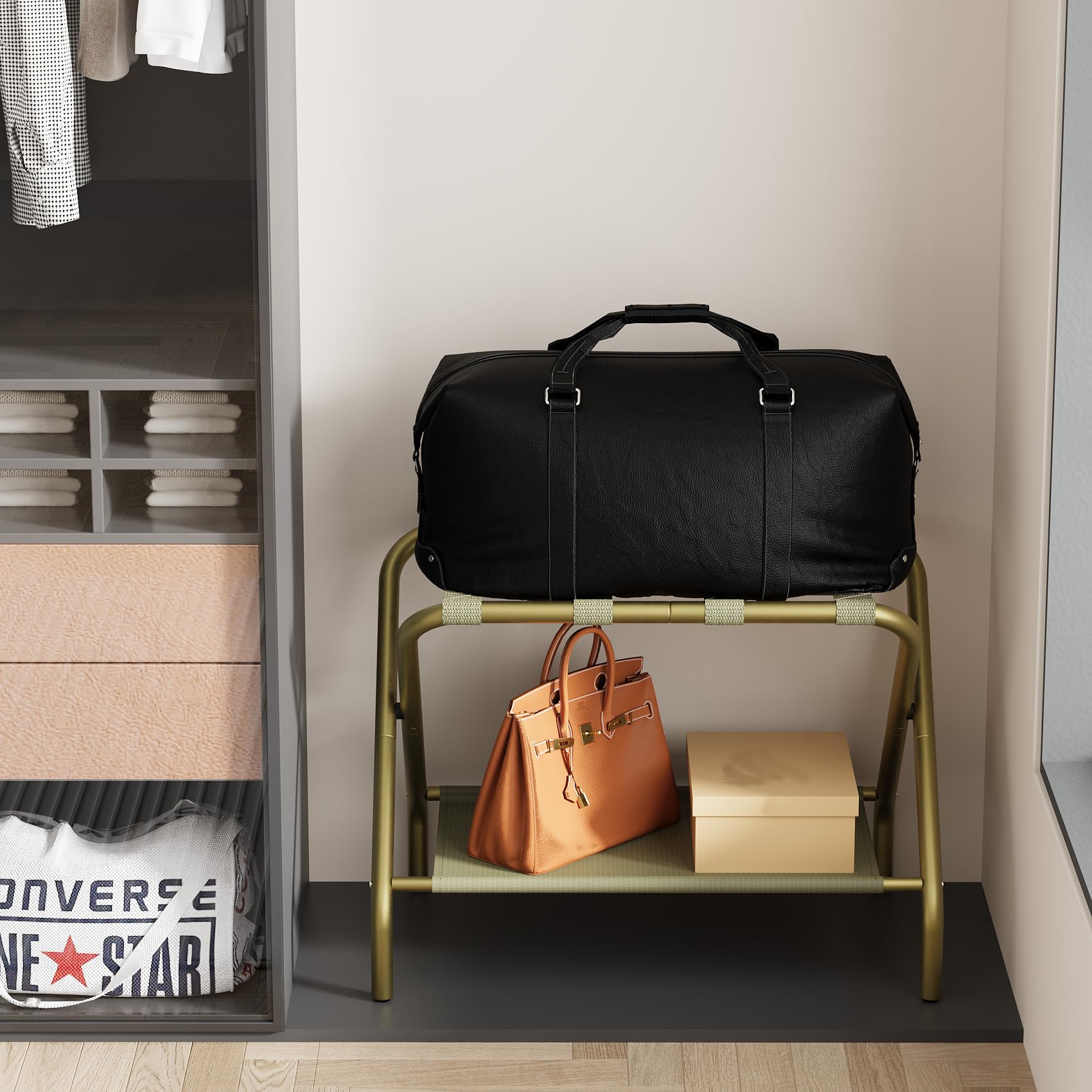 Smuxee Gold luggage rack keeps luggage elevated away from damp floors.