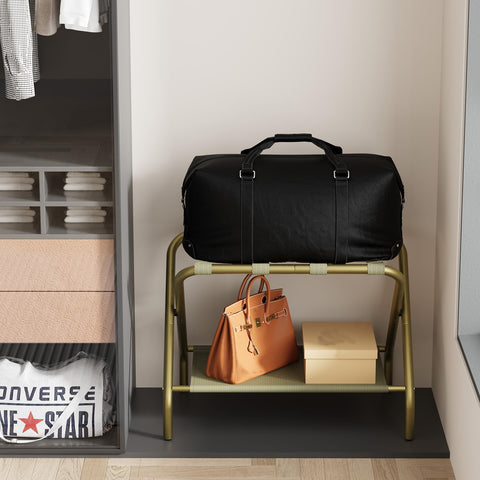 Smuxee Gold luggage rack keeps luggage elevated away from damp floors.