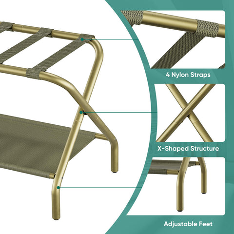 Smuxee Gold luggage rack fits under beds for hidden storage.