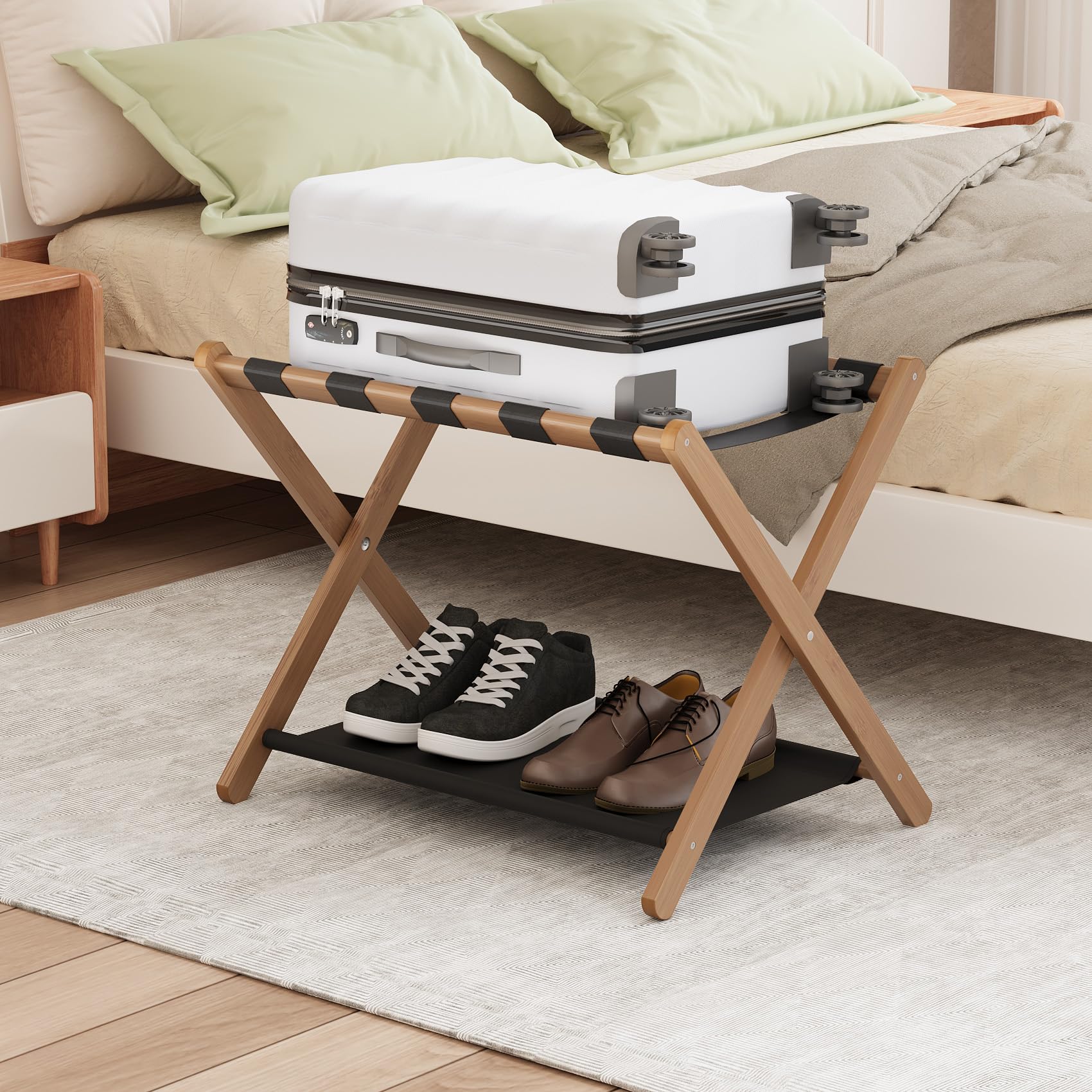 Smuxee walnut bamboo luggage rack, assembled, showcasing sturdy guest room storage.