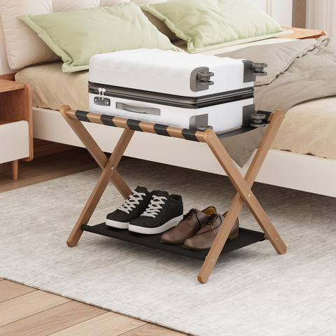 Smuxee walnut bamboo luggage rack, assembled, showcasing sturdy guest room storage.