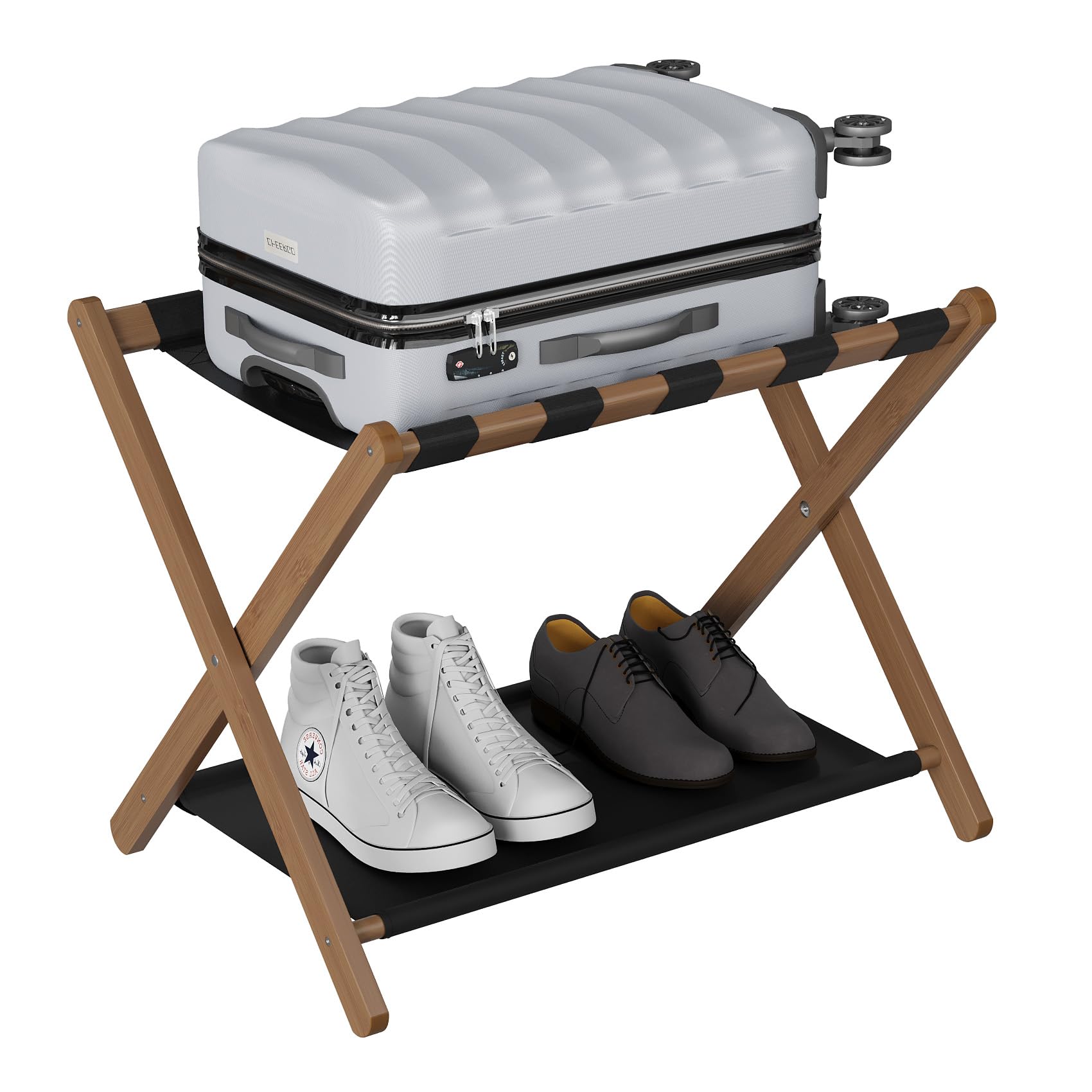Smuxee luggage rack showcases durable wood and straps.