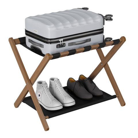 Smuxee luggage rack showcases durable wood and straps.