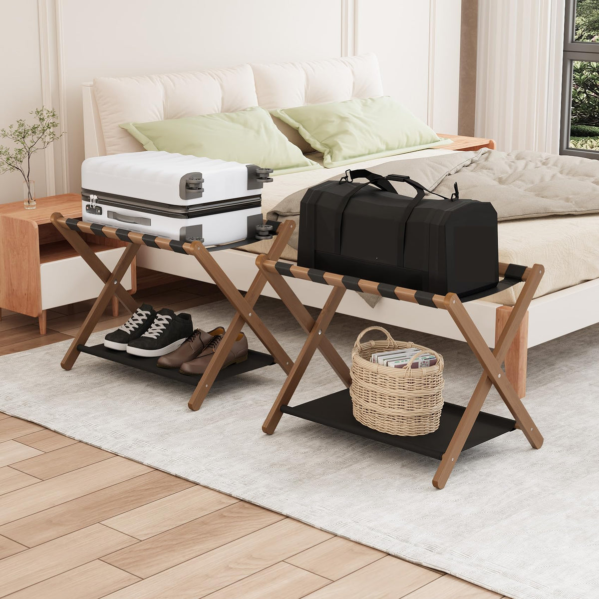 Smuxee luggage rack open with bamboo frame for easy luggage access in guest rooms.