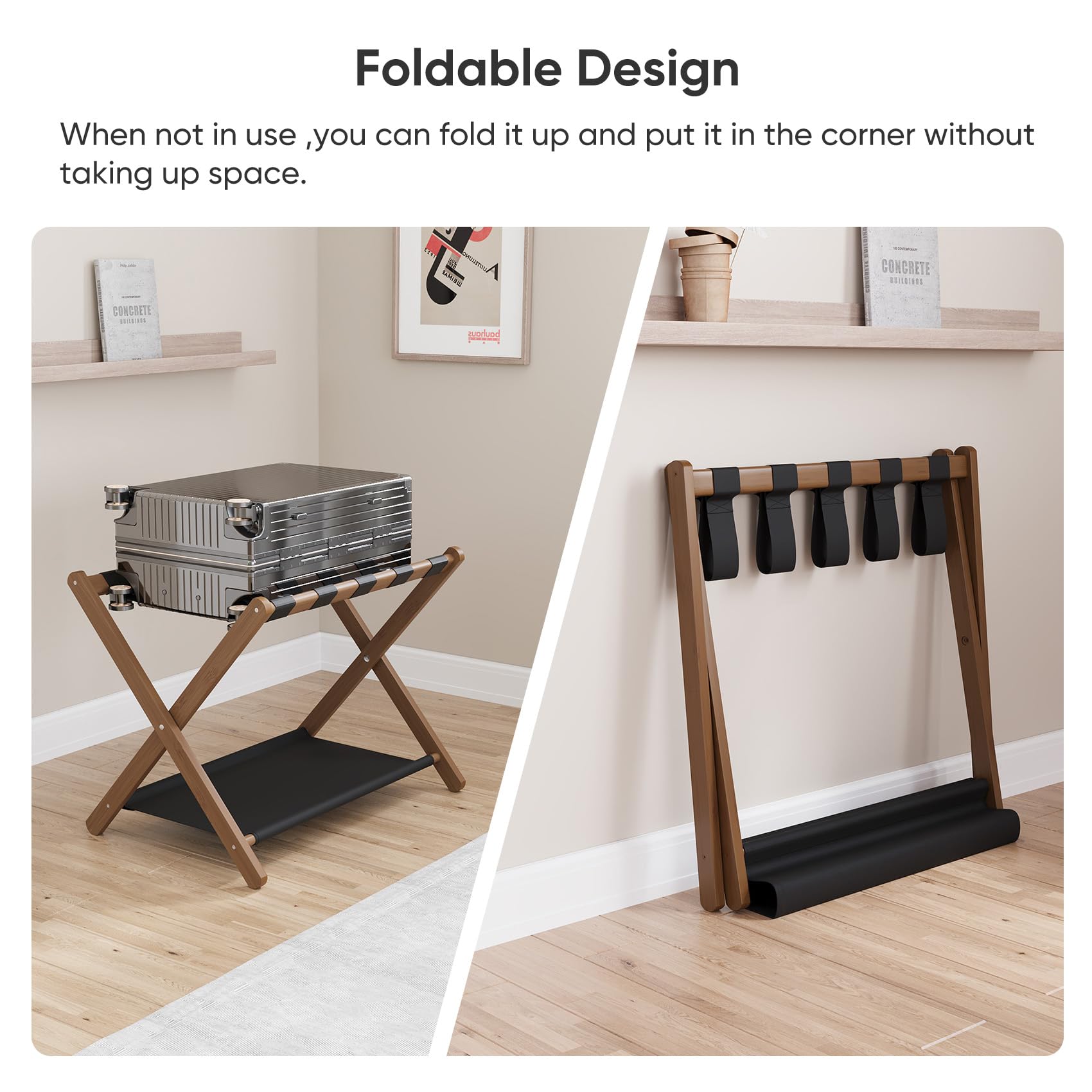 Smuxee luggage rack under-bed setup demonstrates space-saving design.