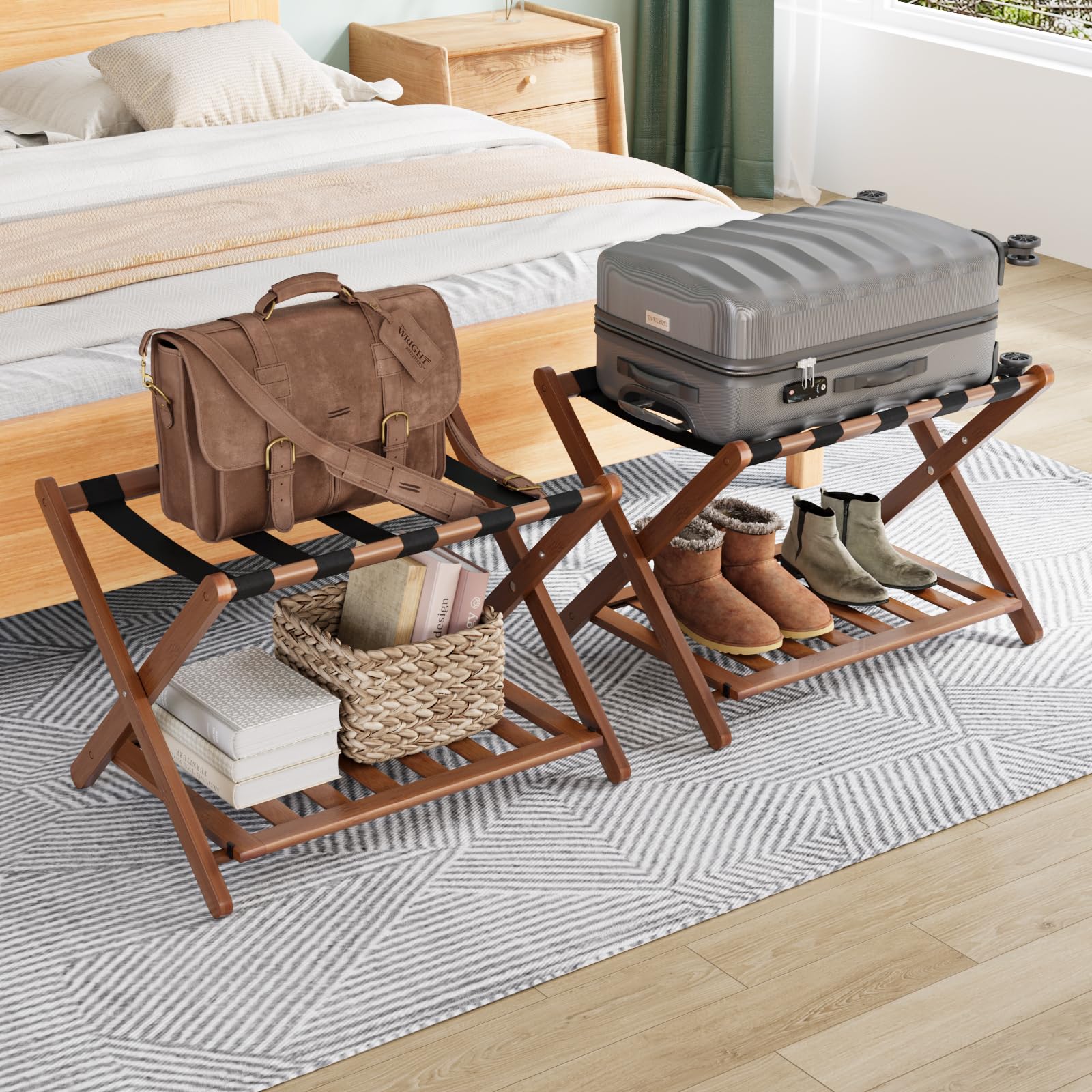 Smuxee luggage rack, fully assembled and ready for use in a guest room