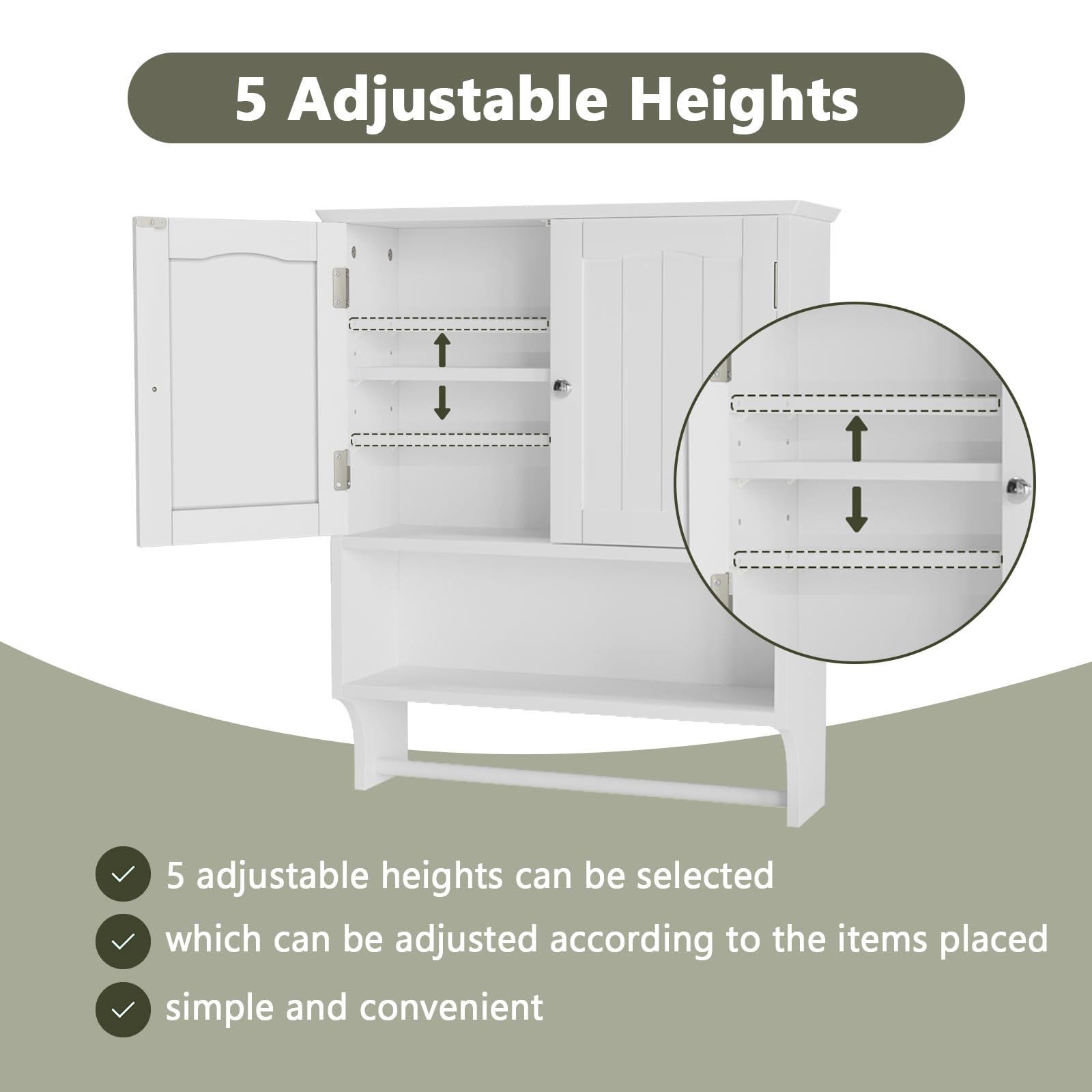Smuxee adjustable shelves set at five heights for flexible organization.