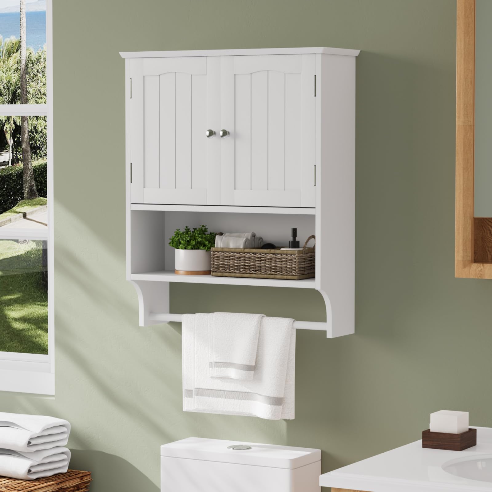 Smuxee cabinet door open, showcasing hidden shelf and interior adjustable storage.