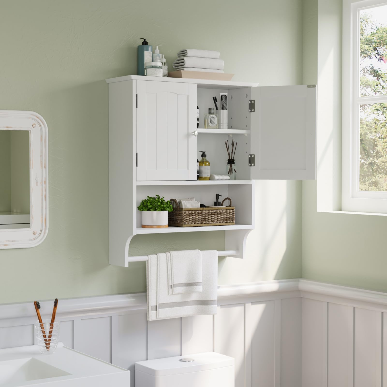 Smuxee white wall-mounted cabinet with towel bar, front view for bathroom organization.