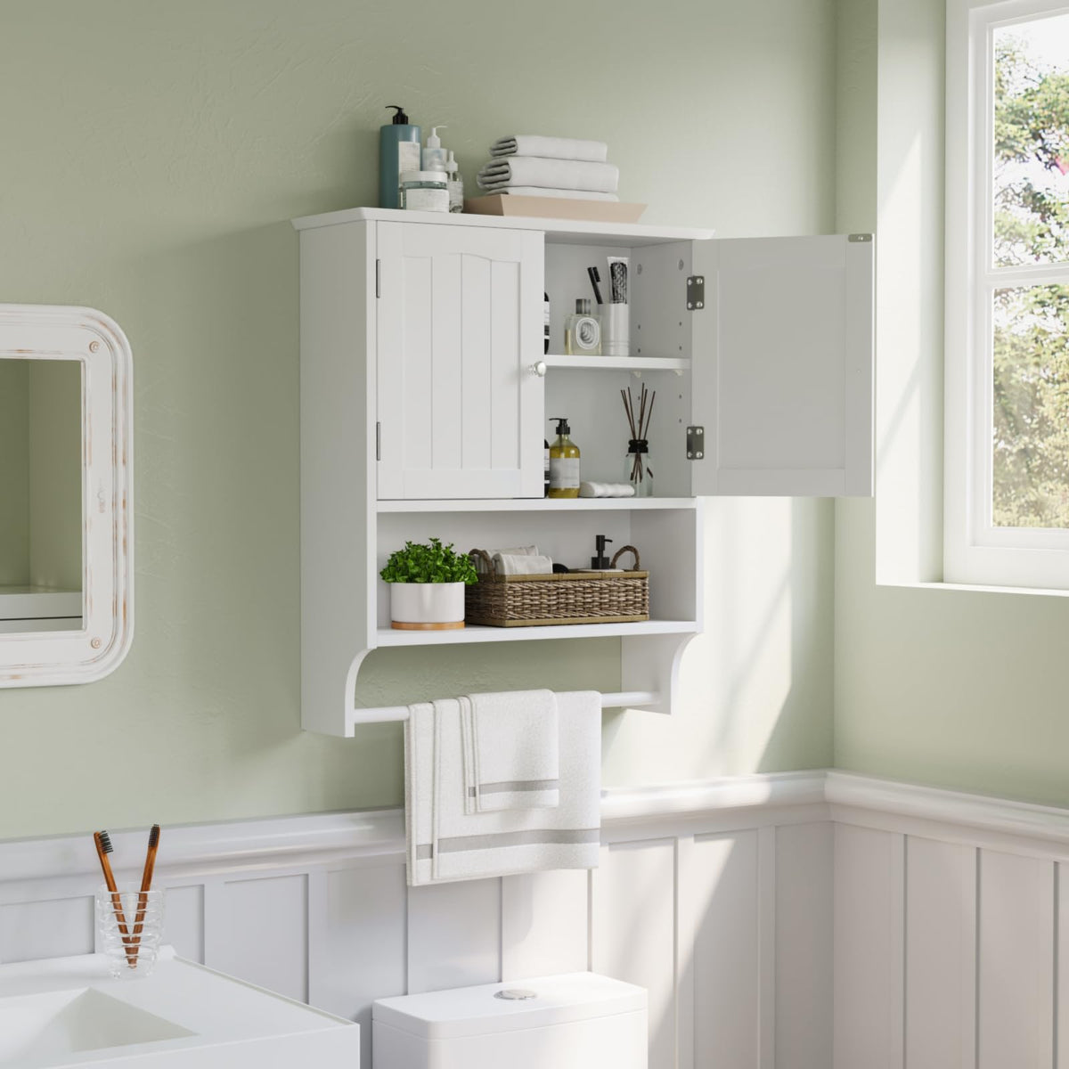 Smuxee white wall-mounted cabinet with towel bar, front view for bathroom organization.