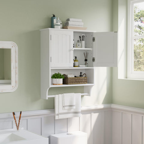 Smuxee white wall-mounted cabinet with towel bar, front view for bathroom organization.