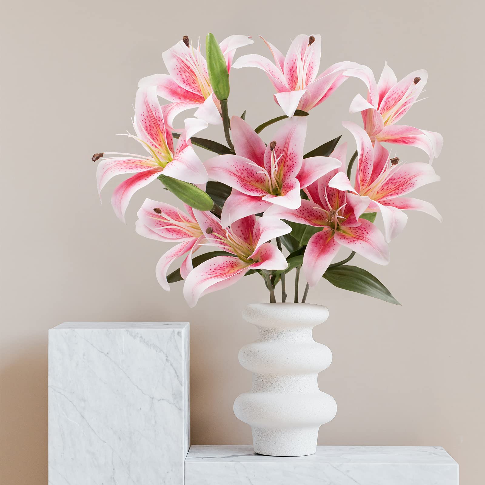 SNAIL GARDEN artificial lilies with three buds arranged in a tall vase for versatile color.