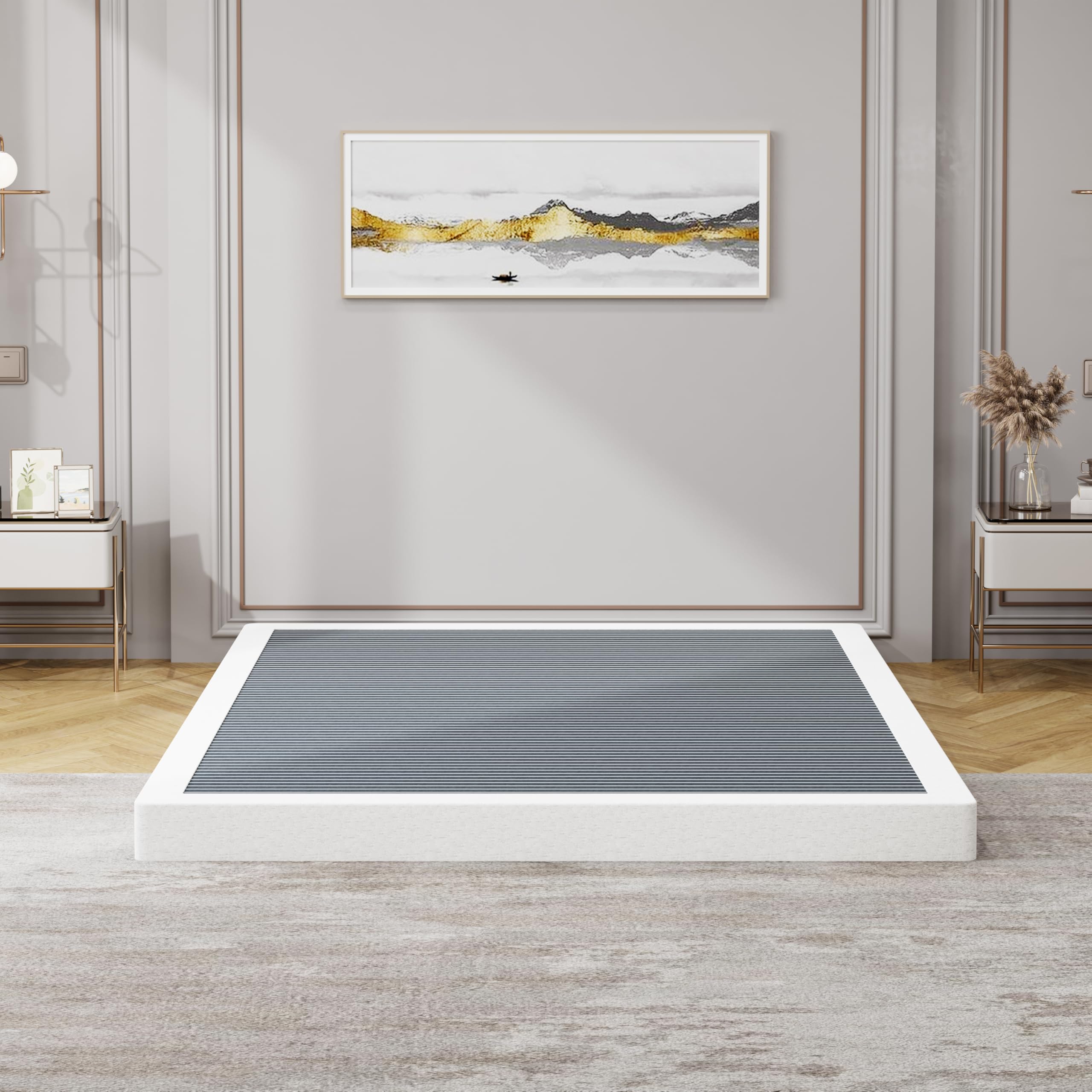 Snaye bed base elevates the mattress beneath with a slim profile.