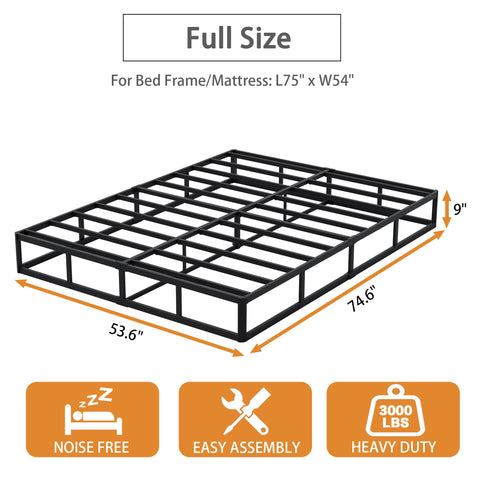 Snaye heavy-duty steel frame shown on a full-size box spring foundation.