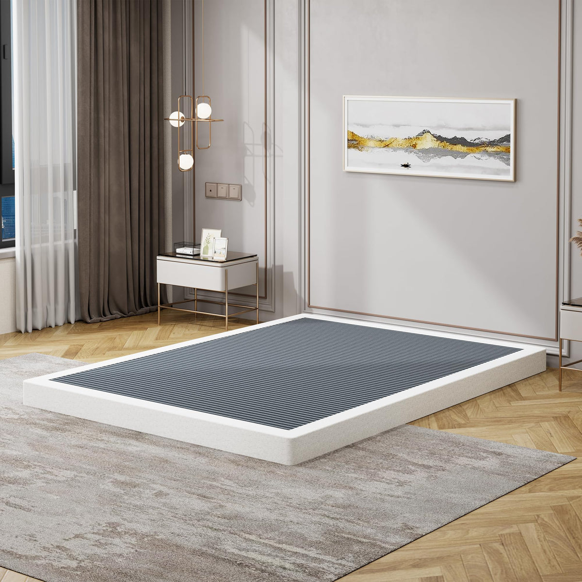 Snaye low profile queen box spring assembly provides sturdy mattress support.