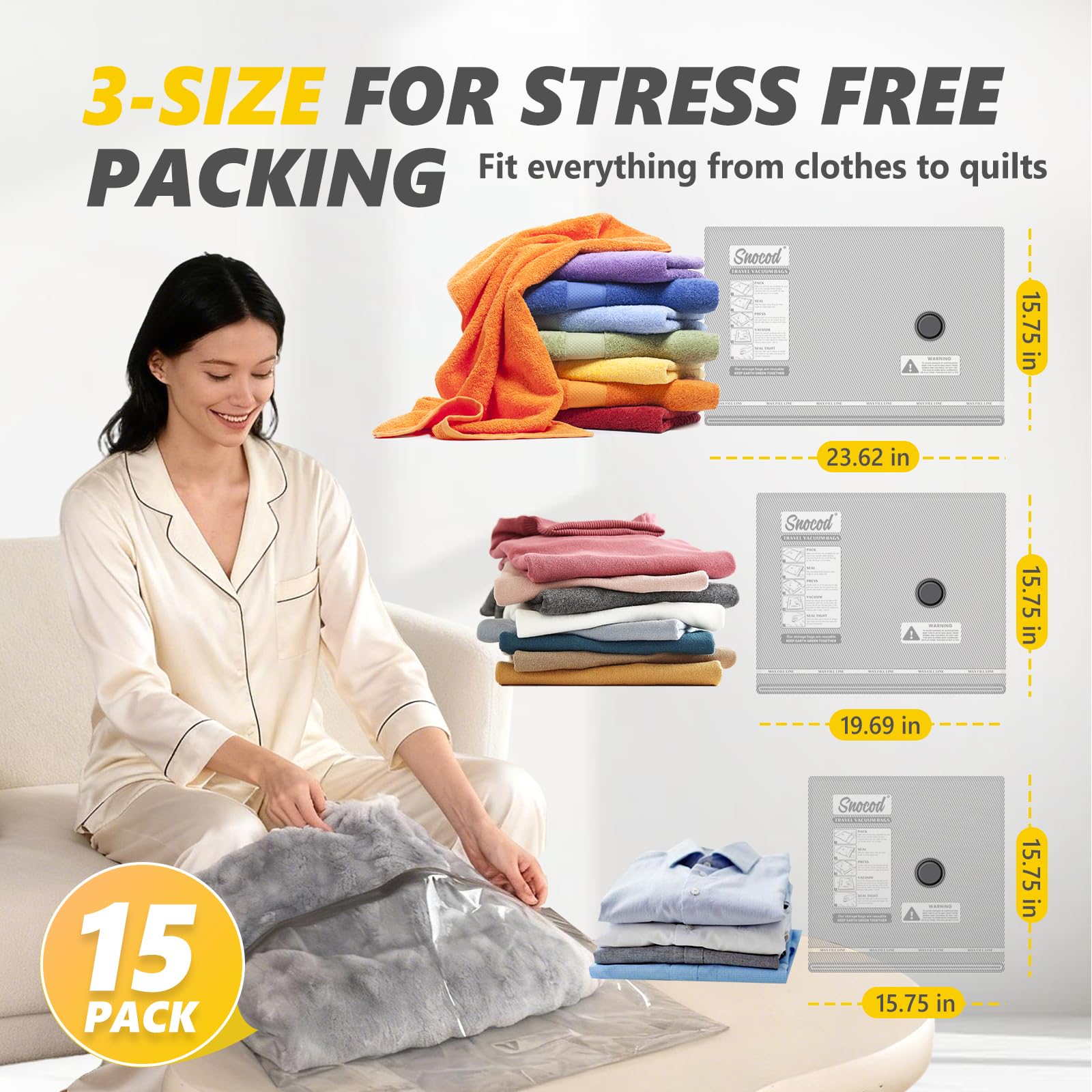 SNOCOD three-size vacuum bag set for varied clothing and gear
