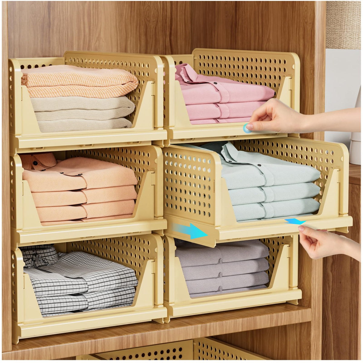 SNSLXH 5-pack stackable closet organizer box showing organized wardrobe setup for easy access.