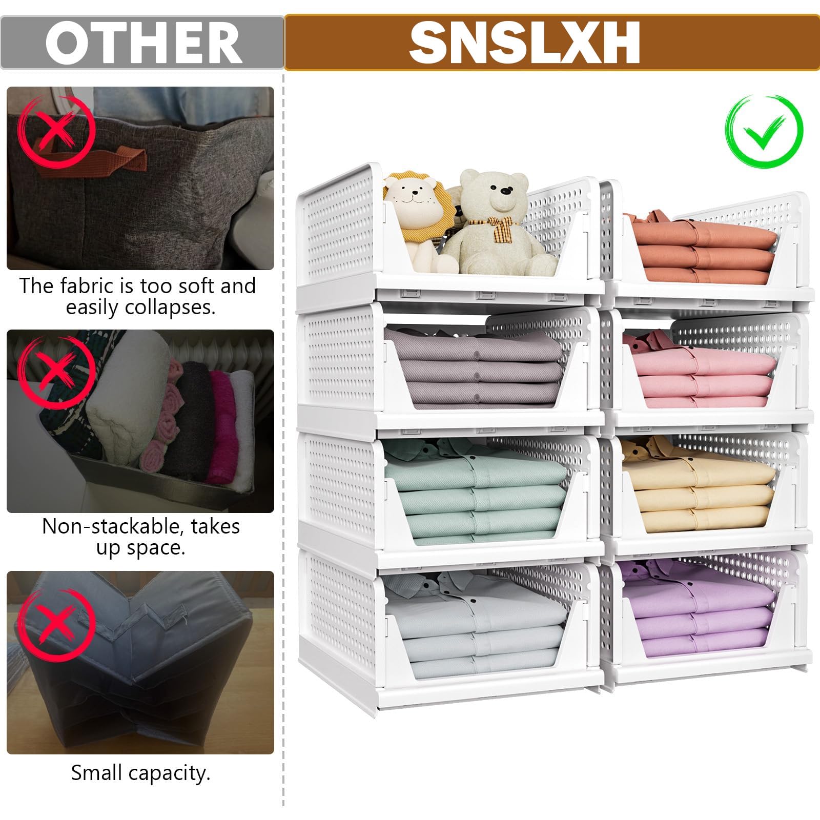 SNSLXH 5-pack stackable closet basket side view showing sturdy construction