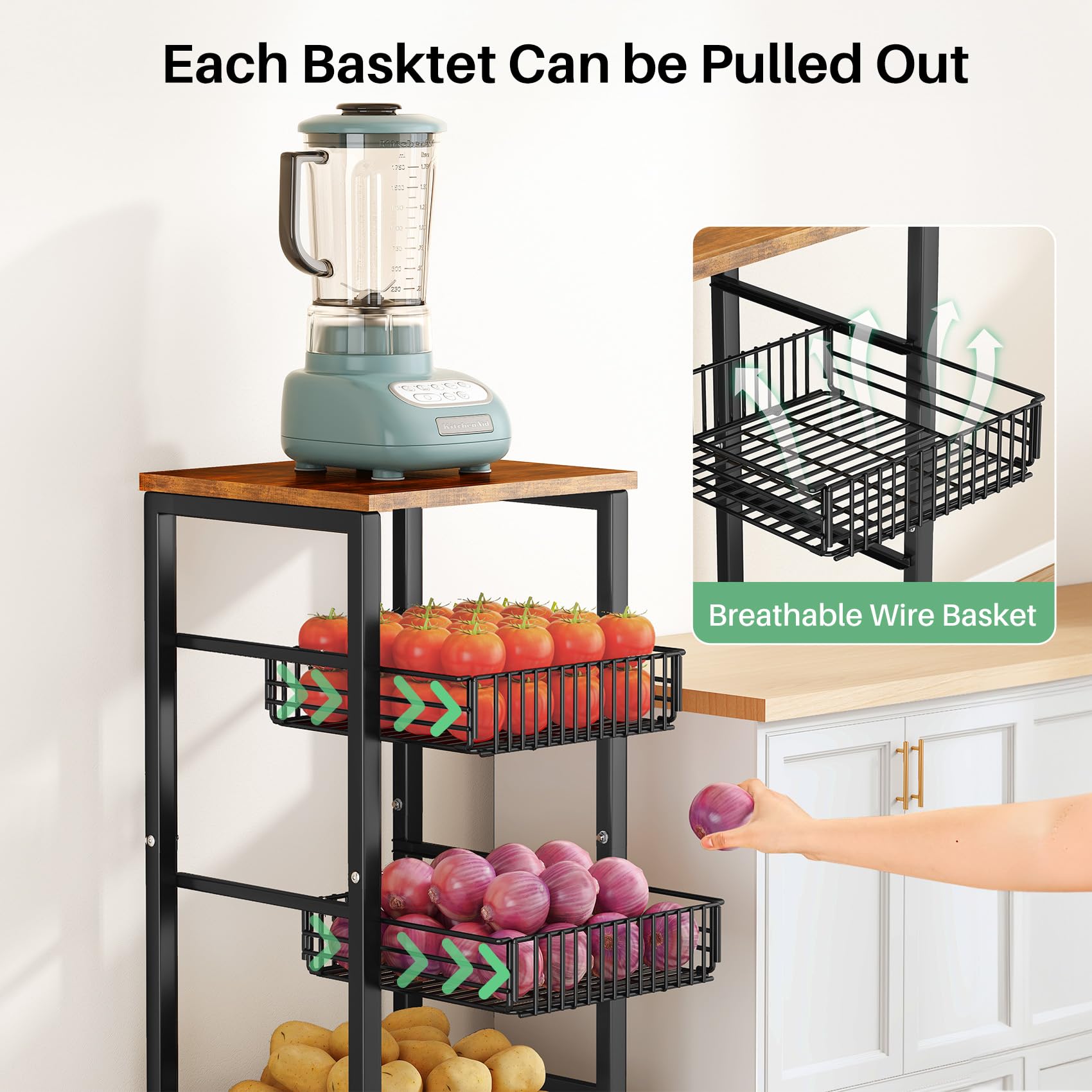 SNTD fruit basket pull-out baskets extended demonstrating easy access to contents.
