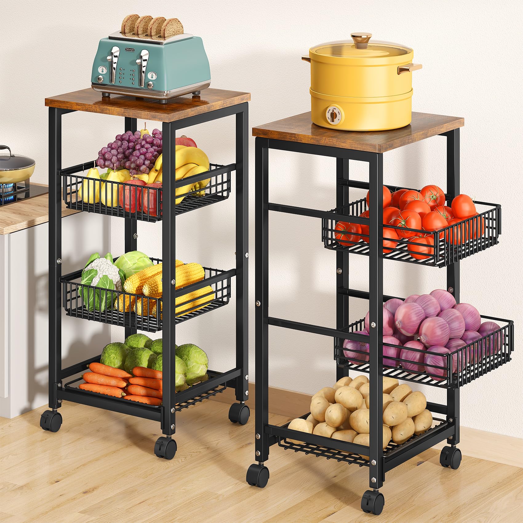 SNTD fruit basket wood-top front view for sturdy, organized pantry storage.