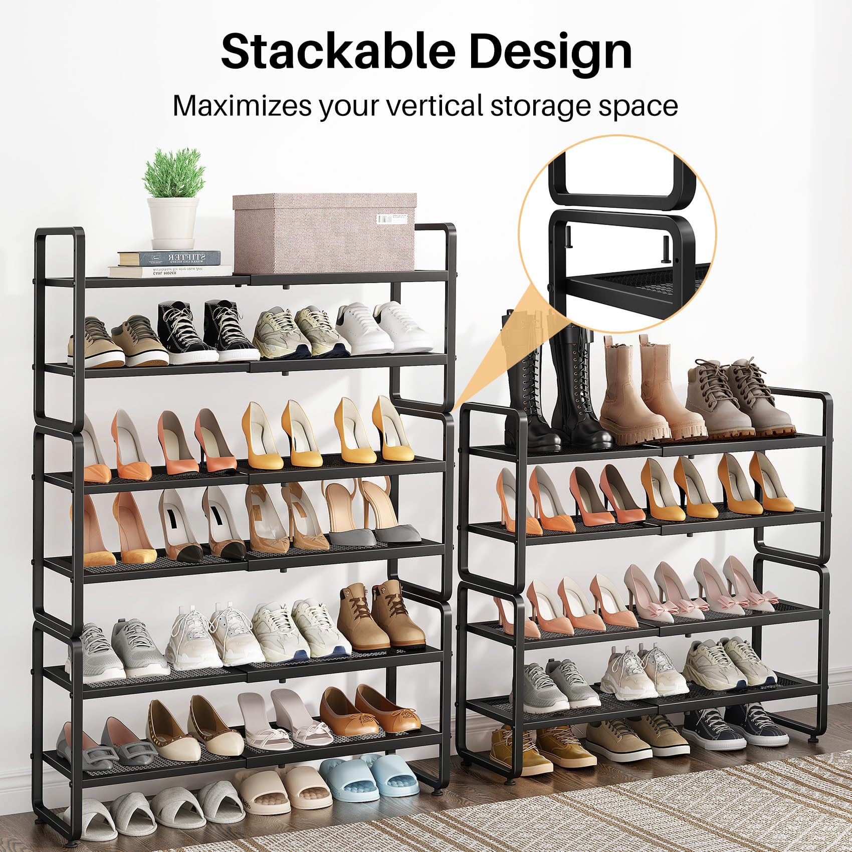SNTD shoe rack heel-friendly shelves prevent tipping.