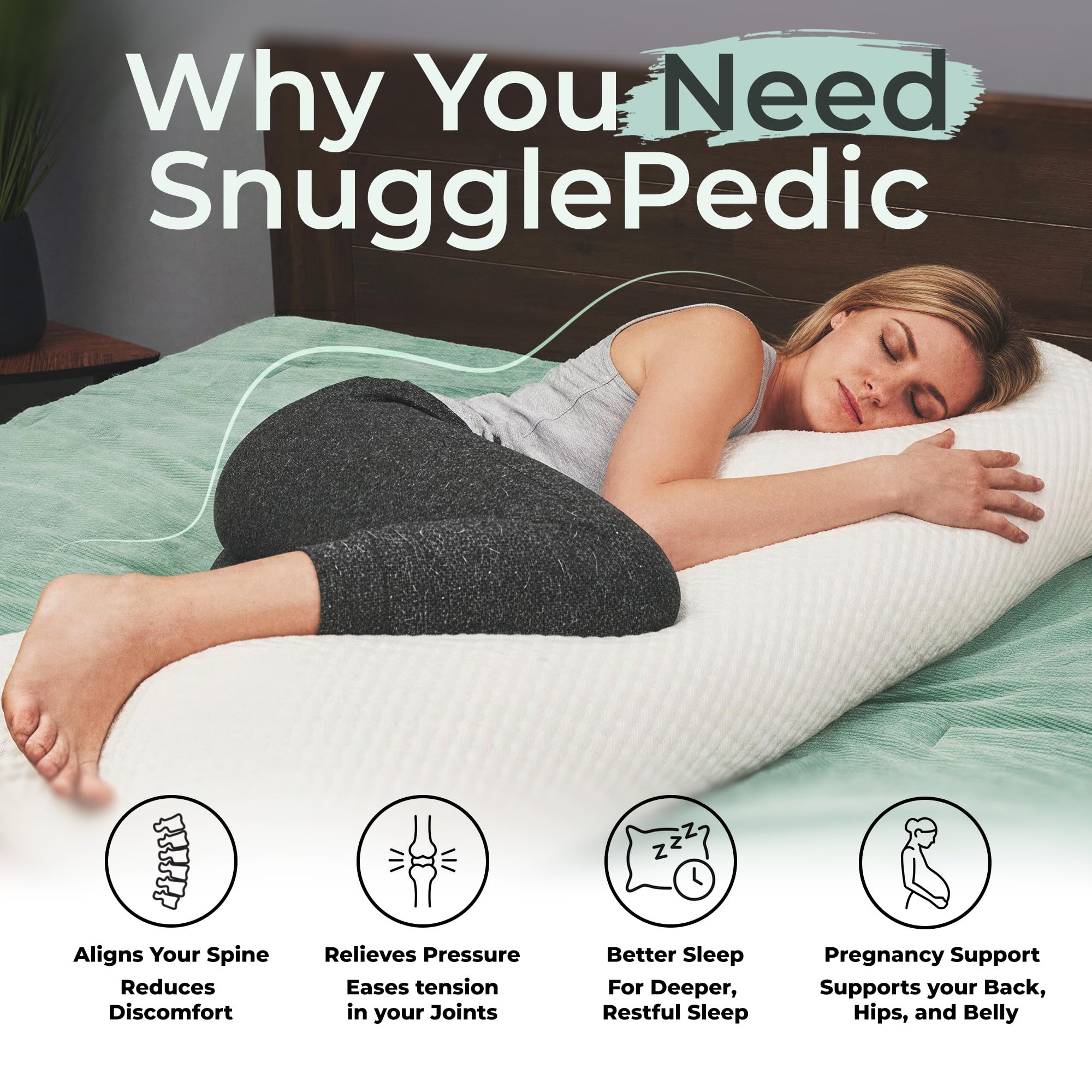 Snuggle-Pedic body pillow side-sleeping setup demonstrates alignment and pressure relief.