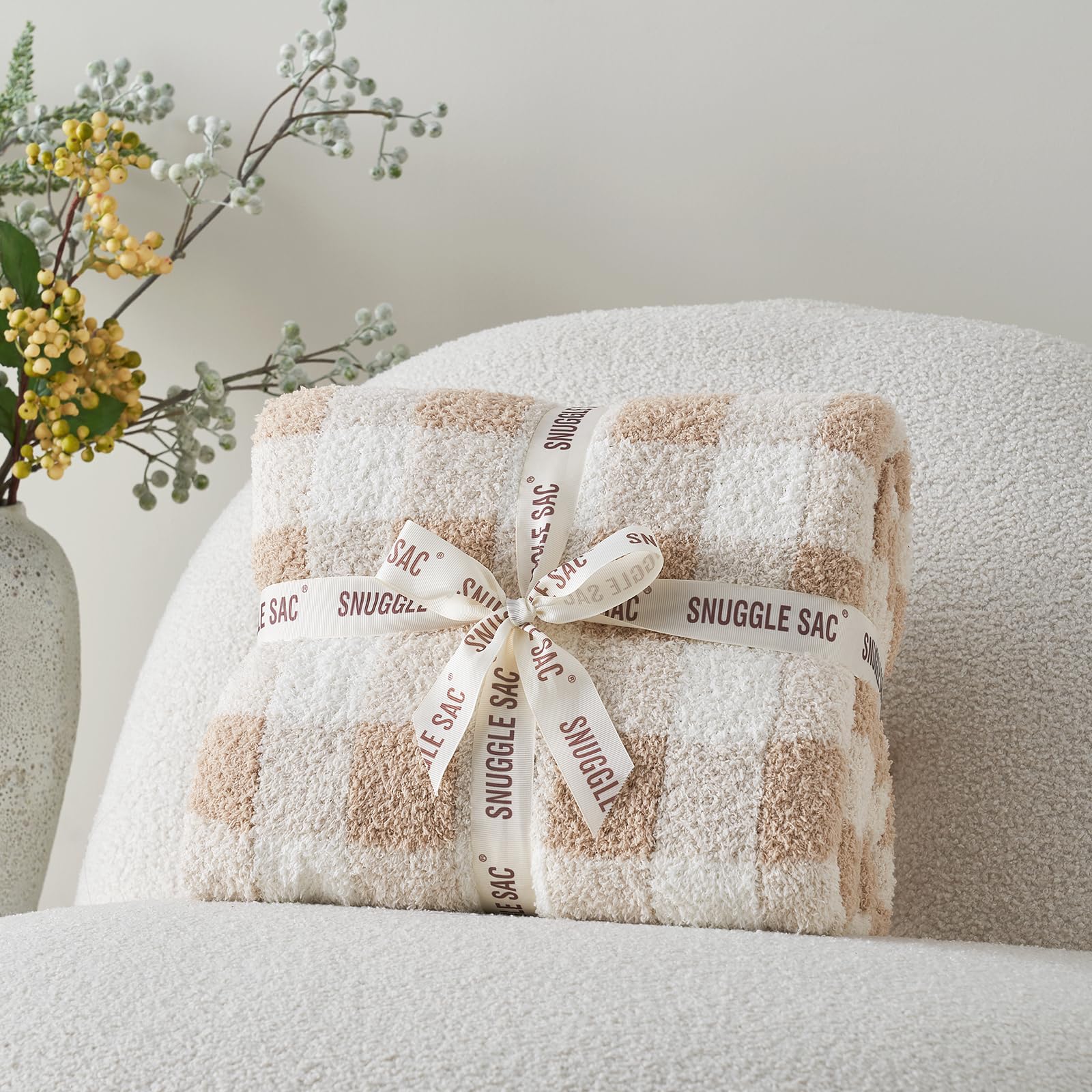 Snuggle Sac beige plaid blanket adds timeless style to any room