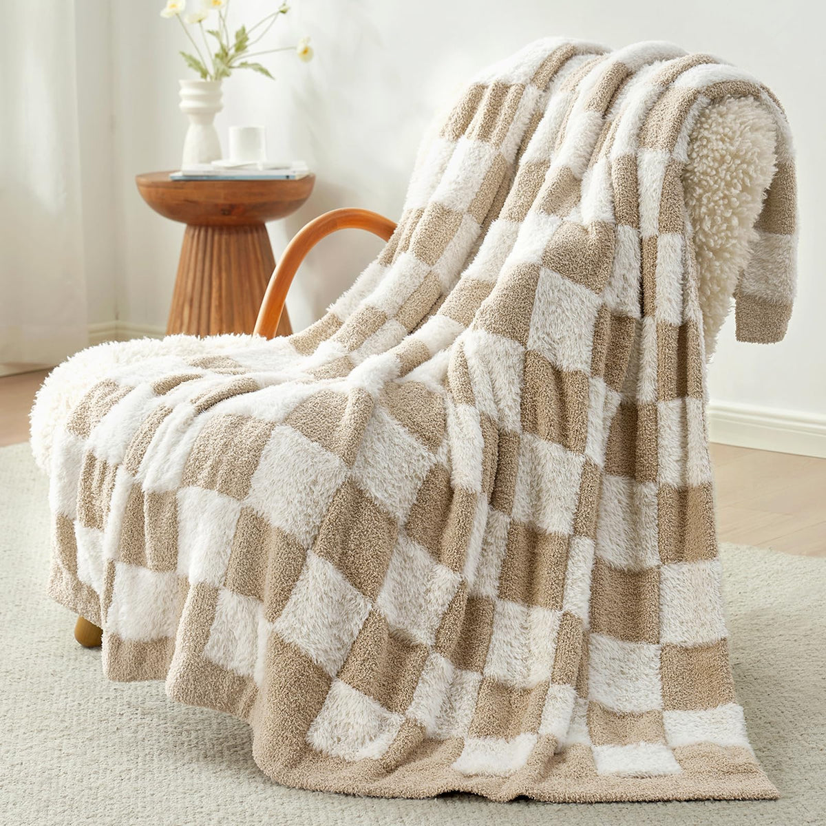 Snuggle Sac beige checkered throw blanket showcases plush faux fur texture for luxurious lounging.