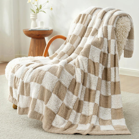 Snuggle Sac beige checkered throw blanket showcases plush faux fur texture for luxurious lounging.