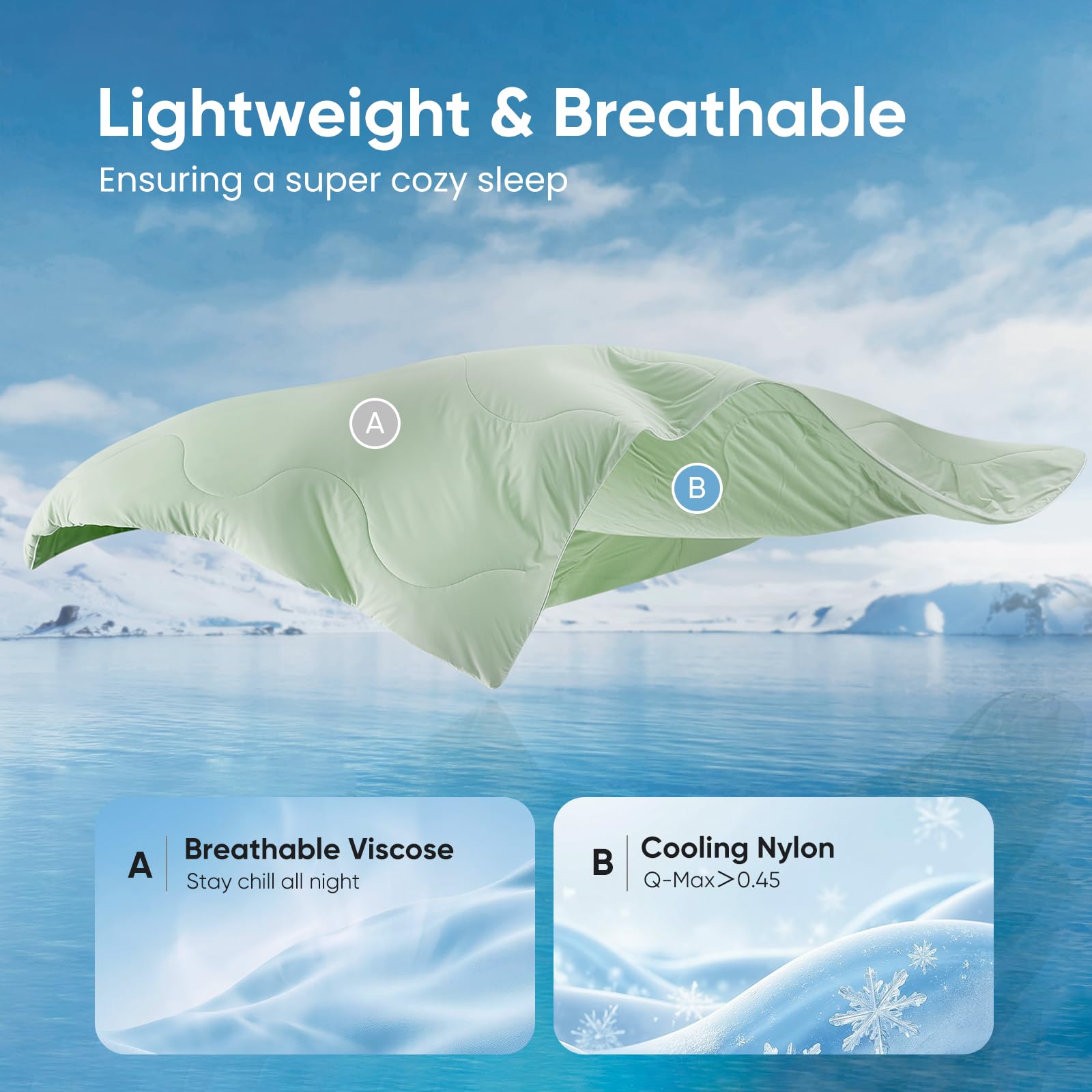 Snuggle Sac cooling comforter fabric close-up highlights silky plant-based surface for gentle touch.