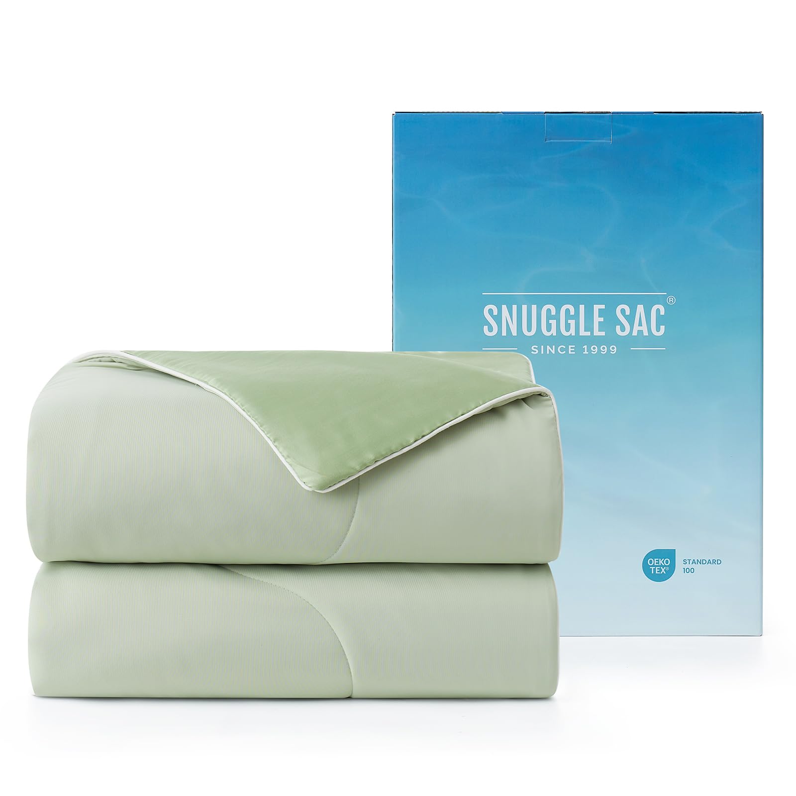 Snuggle Sac cooling comforter front view demonstrates breathable night cooling.