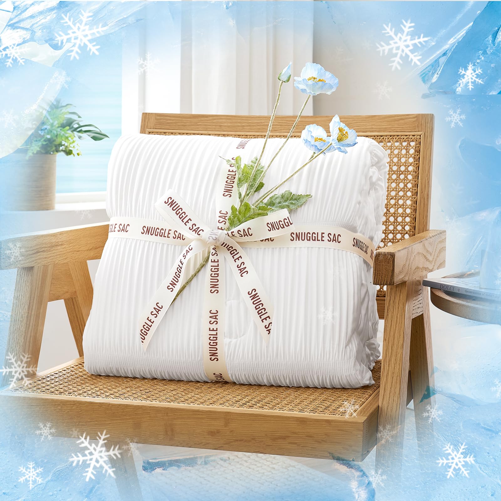 Snuggle Sac cooling comforter queen in-bed scene demonstrates all-season versatility for hot sleepers.