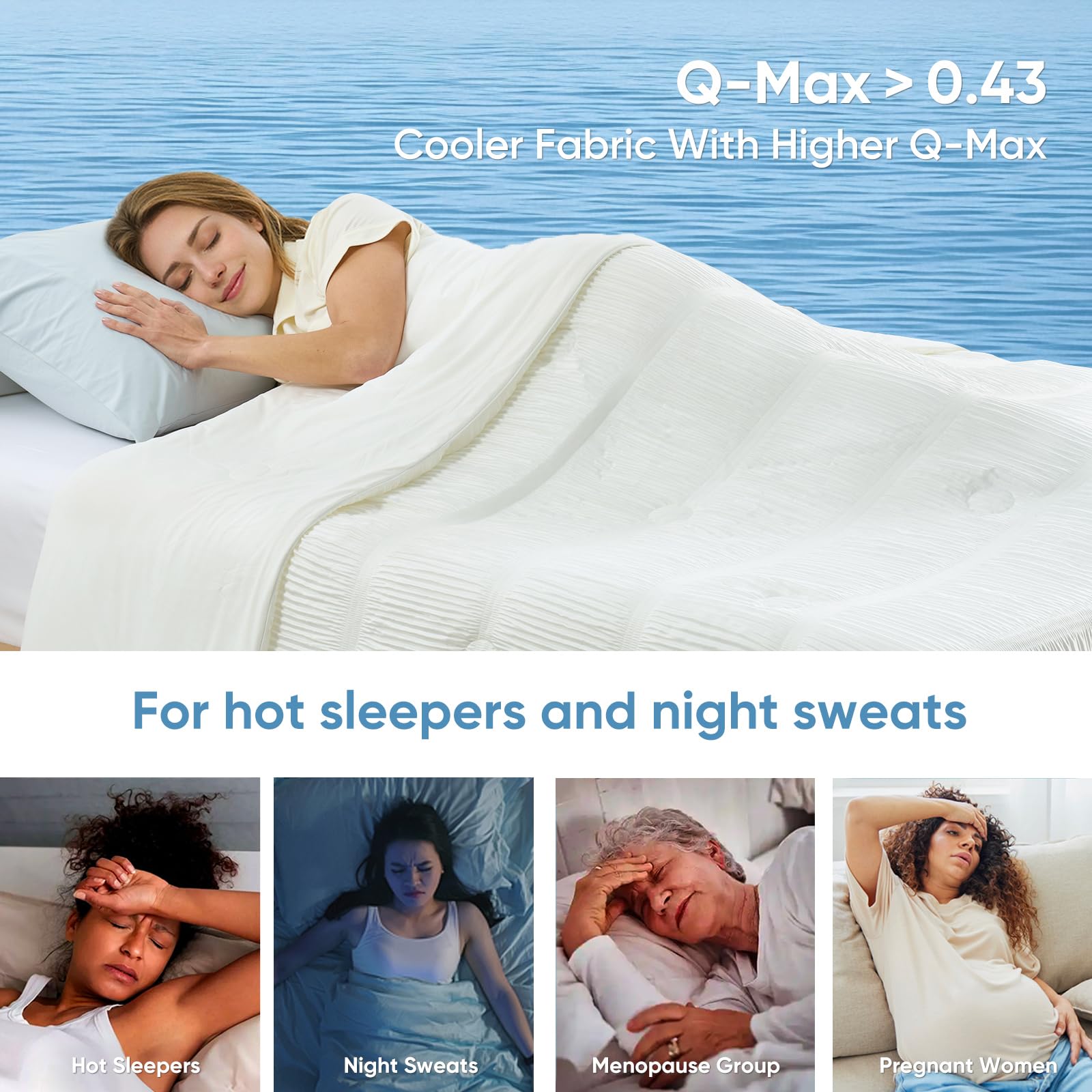 Snuggle Sac cooling comforter queen side drape highlights breathable surface ideal for spring and fall.