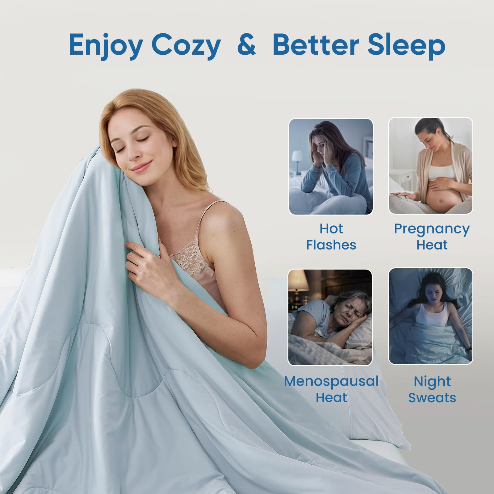 Bedroom scene featuring Snuggle Sac cooling comforter draping smoothly over the bed