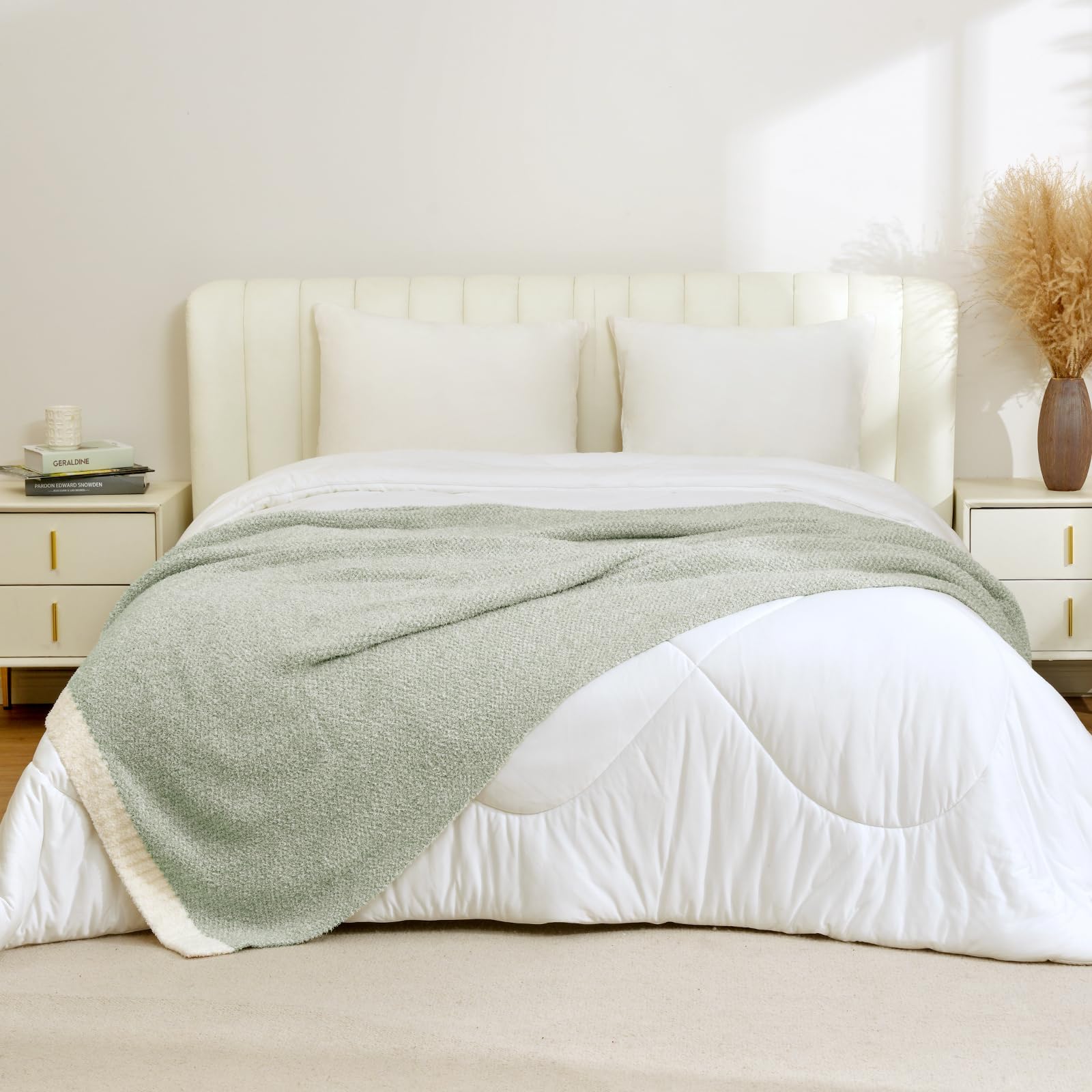 Reversible heather color knit from Snuggle Sac displayed on couch