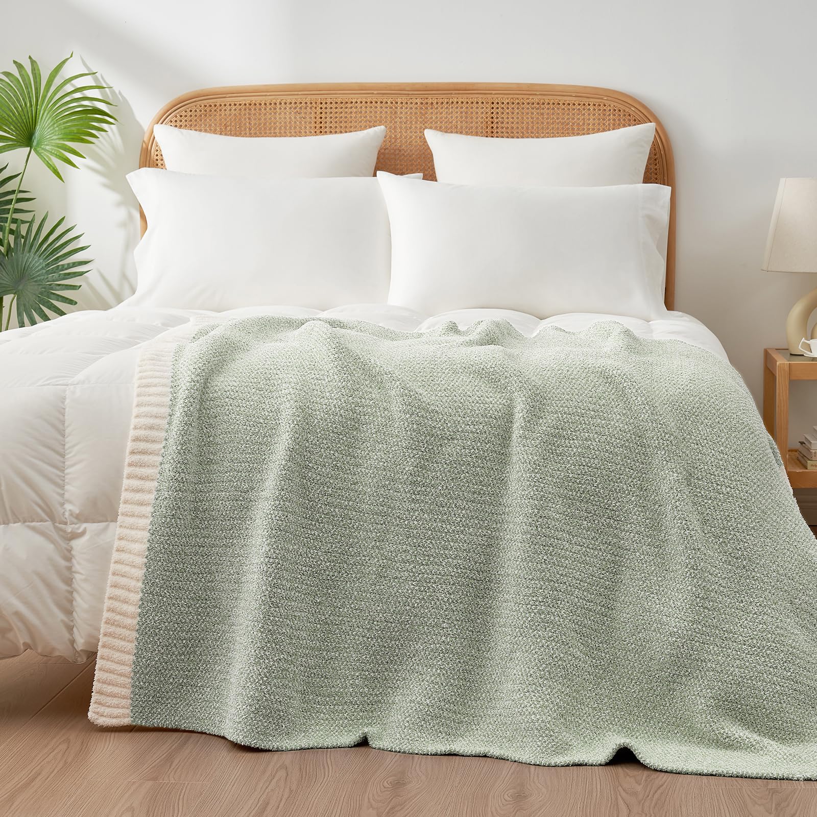 Sage-green knit detail of Snuggle Sac throw for style and warmth