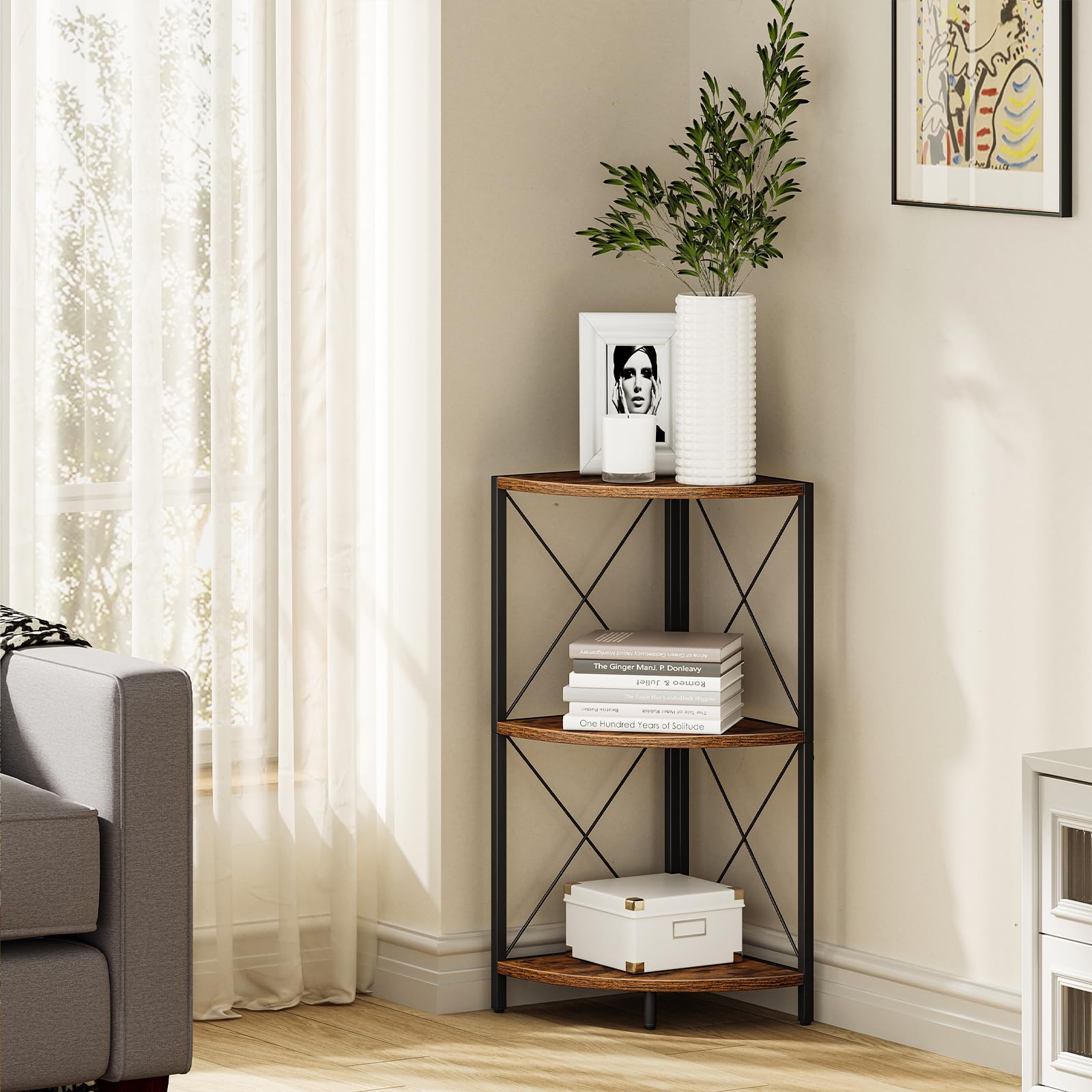 Snughome 3-tier rustic corner shelf side angle highlights compact storage and display potential.