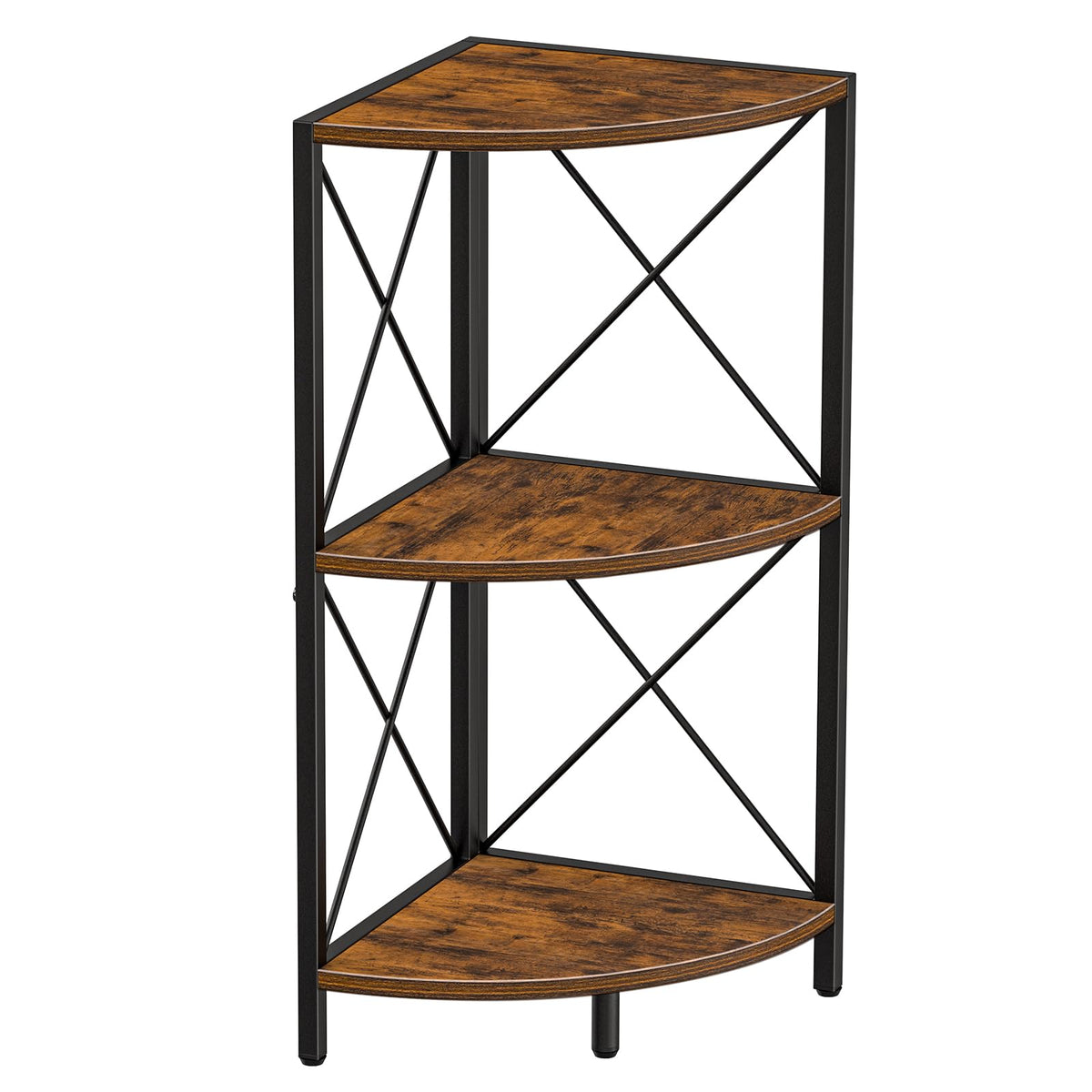 Snughome corner shelf with metal frame front view shows sturdy build and rustic charm for any room.