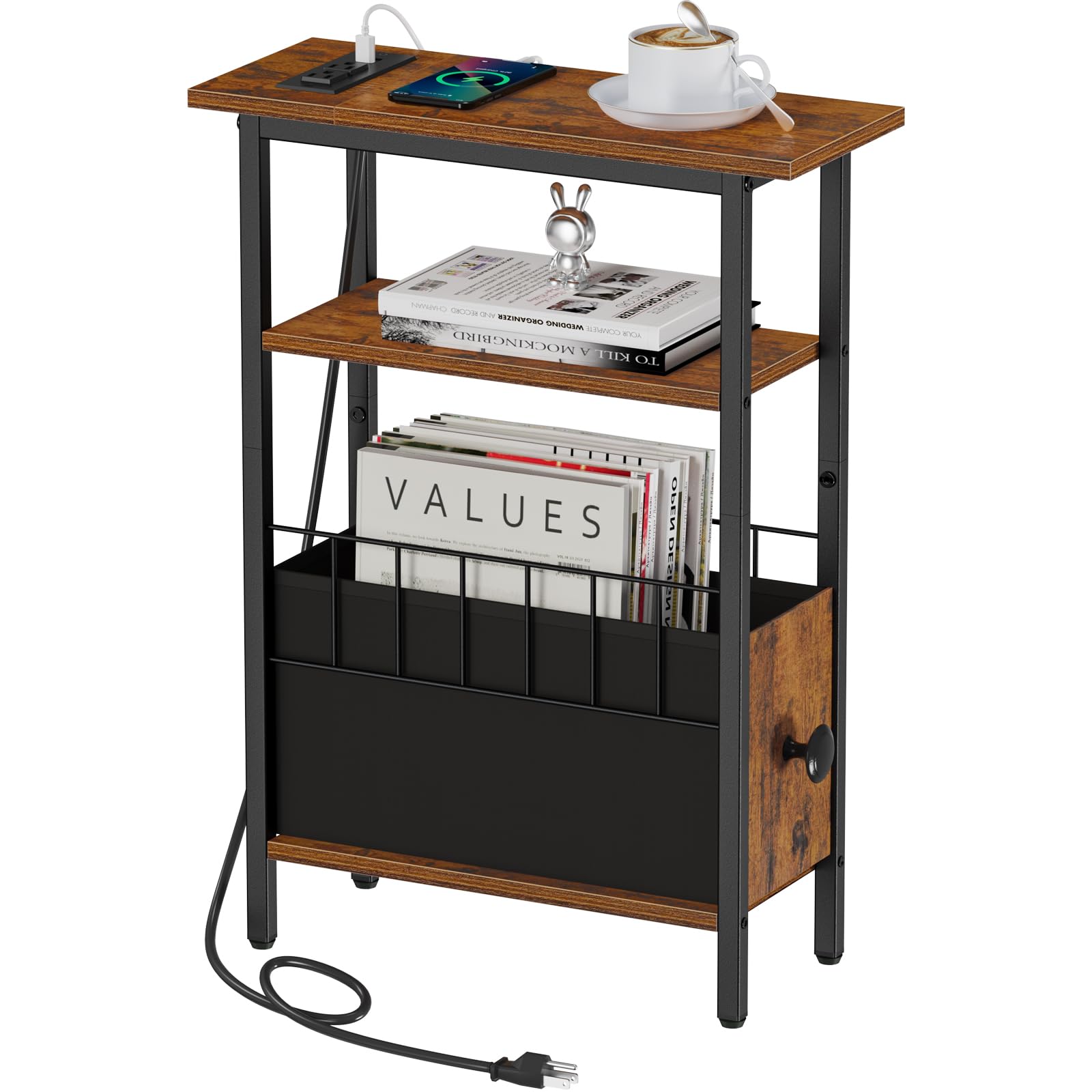 Snughome narrow side table with charging station keeps cables organized beside the bed.