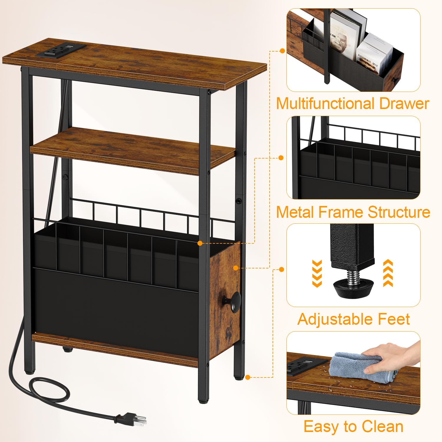 Snughome narrow side table features removable drawer for magazines and remotes.