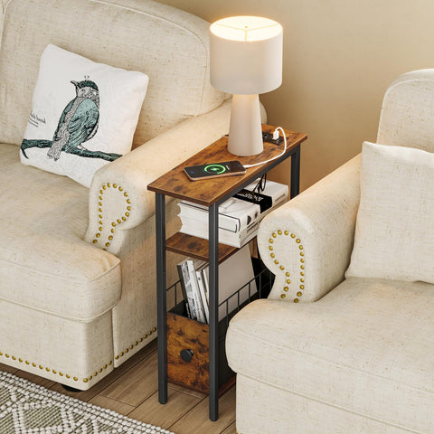 Snughome slim end table for small spaces fits neatly beside the sofa.