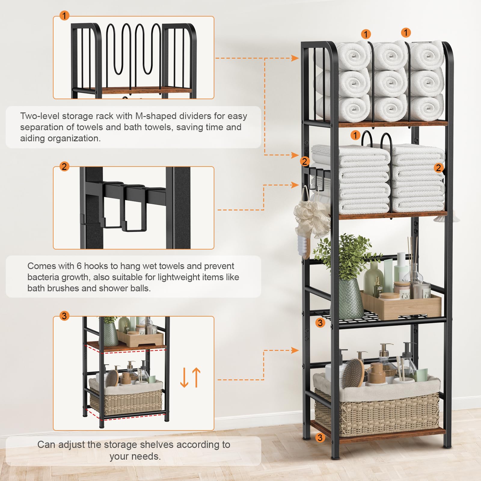 Snughome four shelves keep towels, toiletries, and spa items organized
