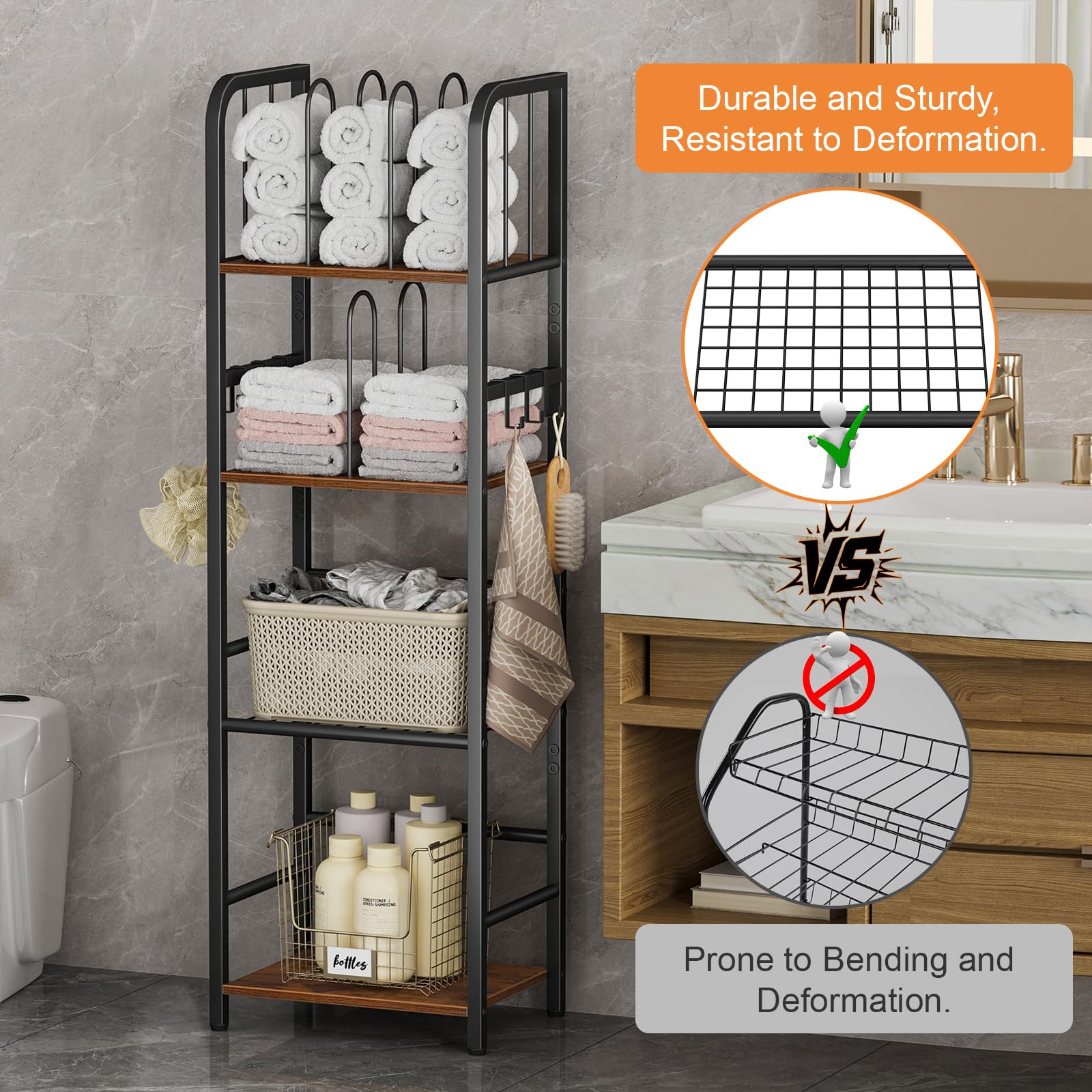 Snughome 4-tier shelf provides ample space for towels, toiletries, and skincare