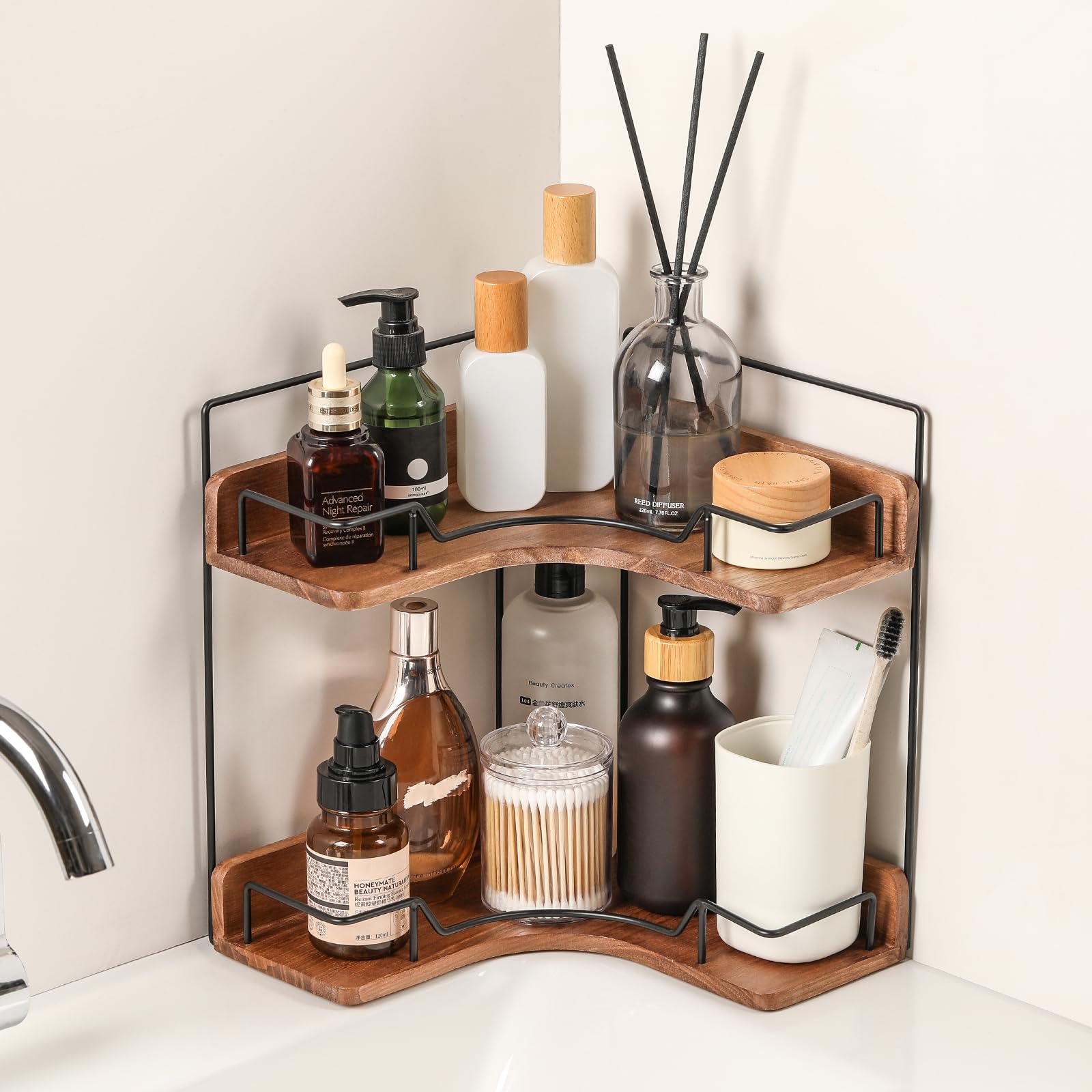 Snuvid 2-Tier corner shelf assembly demonstrates quick setup for organized vanity