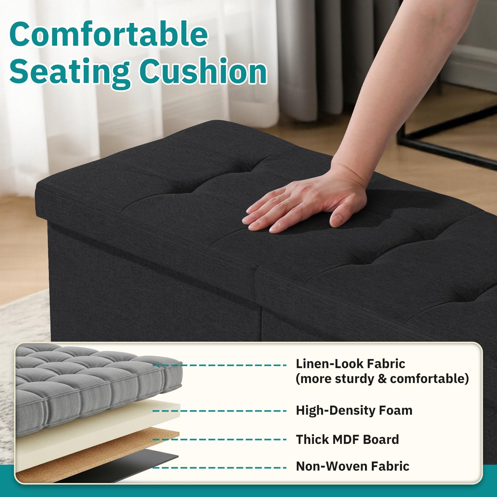 Snuvid storage ottoman split-top lid opened on one side.